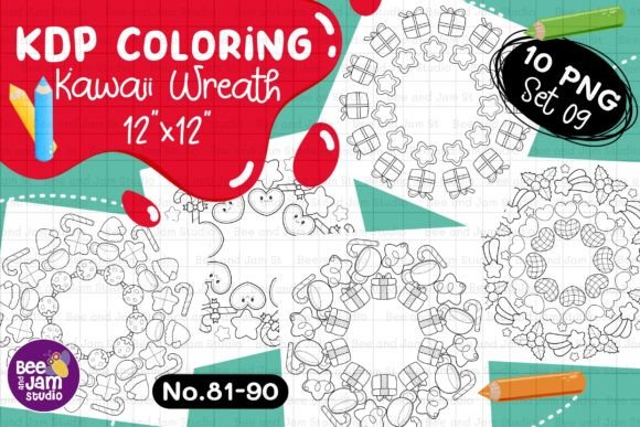 KDP Coloring Kawaii Wreath PNG Set-09: A Versatile Digital Clipart Collection