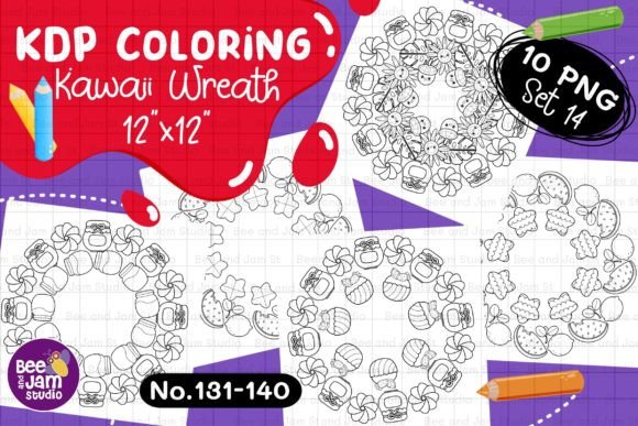 KDP Coloring Kawaii Wreath PNG Set-14