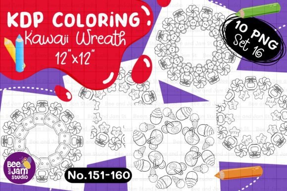 KDP Coloring Kawaii Wreath PNG Set-16