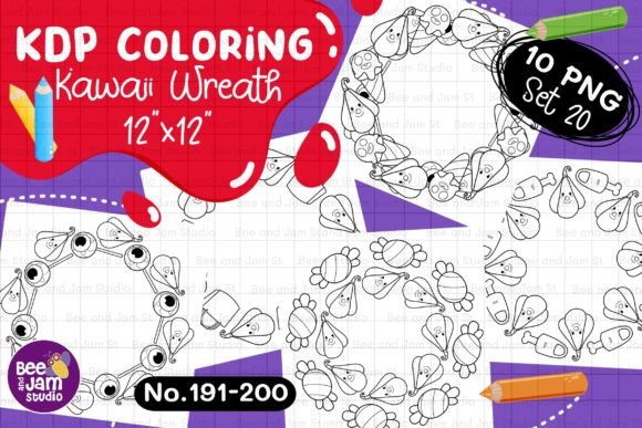 KDP Coloring Kawaii Wreath PNG Set-20